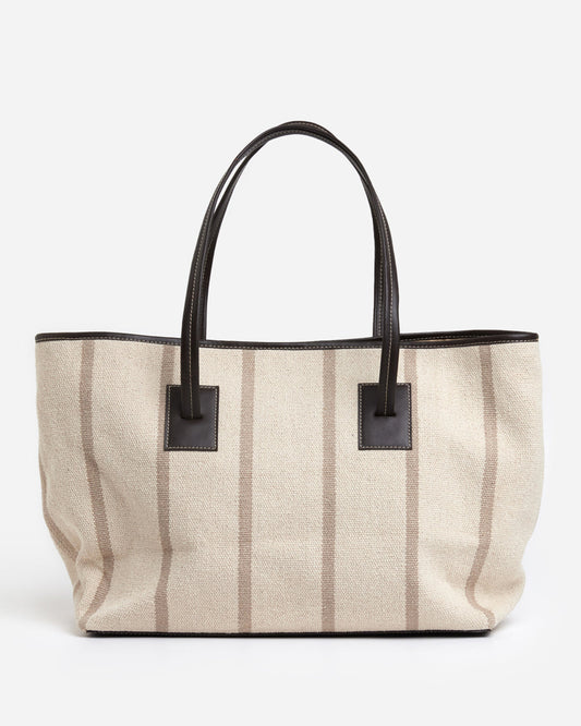 Lucy Tote Bag Canvas Striped Creme/Brown