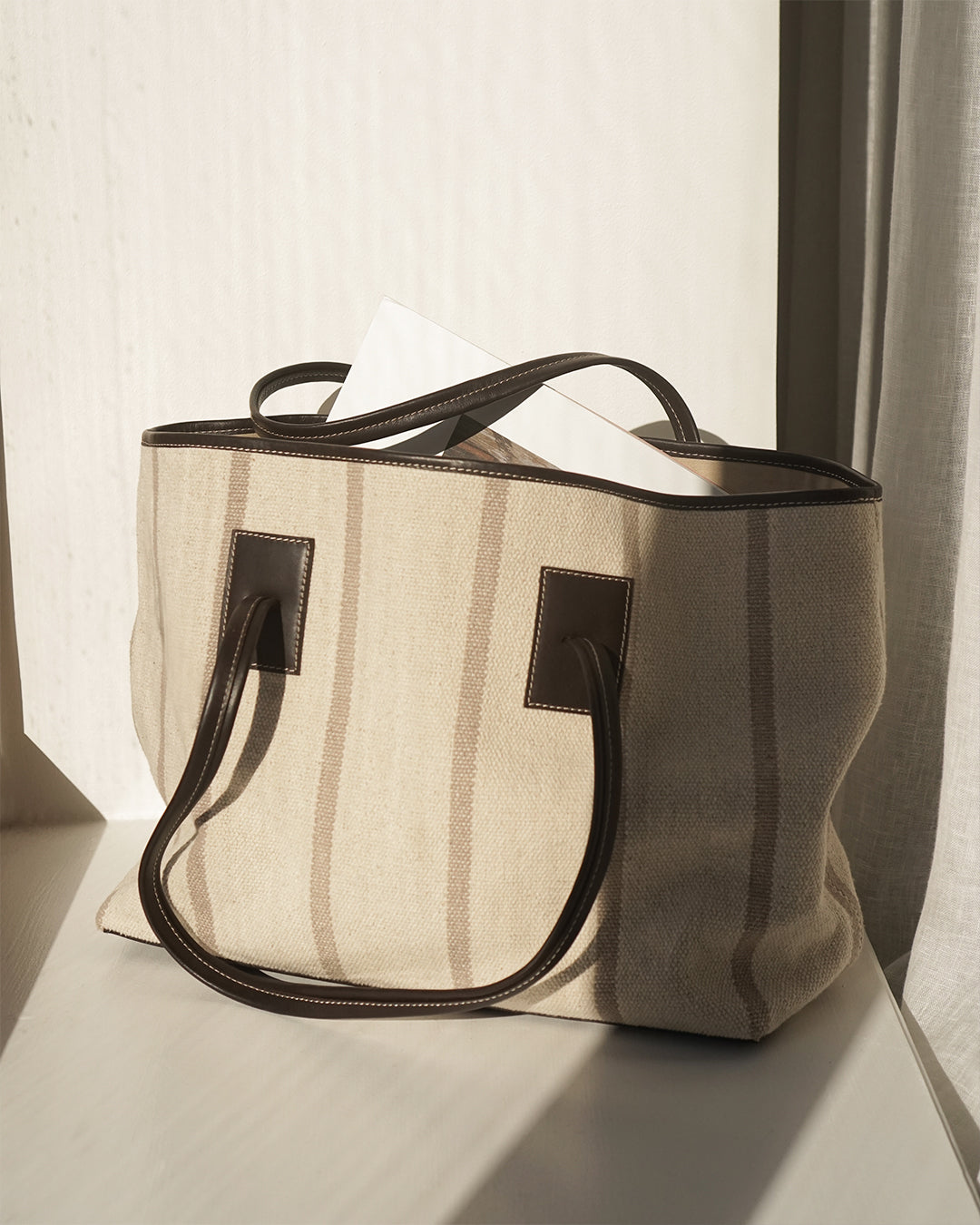 Lucy Tote Bag Canvas Striped Creme/Brown